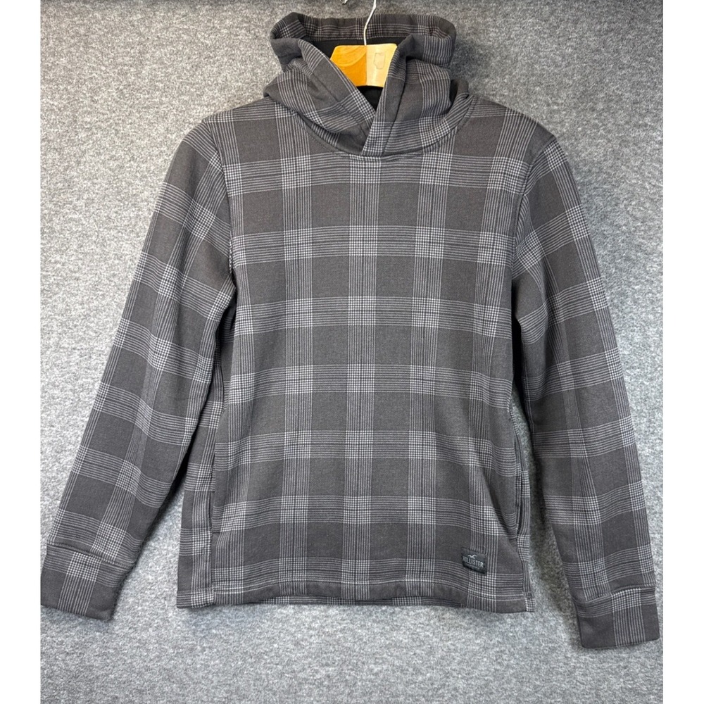 Hollister Grey Plaid Crossover Hood Fleece Hoodie Embroidered Spell Out Mens S